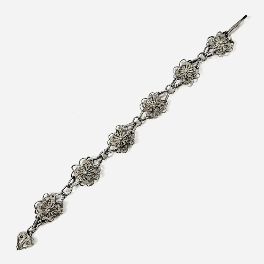 Starožitný stříbrný filigránový článkový náramek, 14 cm