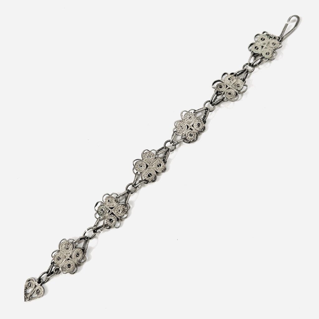 Starožitný stříbrný filigránový článkový náramek, 14 cm